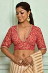 Buy_Pranay Baidya_Beige Net Embroidery Thread V Neck Floral Blouse _at_Aza_Fashions