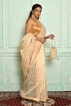 Pranay Baidya_Gold Handwoven Tissue Stripes Saree _Online_at_Aza_Fashions