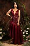 Buy_Piyanshu Bajaj_Maroon Tulle Asymmetric Gown_at_Aza_Fashions