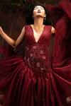 Shop_Piyanshu Bajaj_Maroon Tulle Asymmetric Gown_at_Aza_Fashions