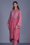 Shop_Punit Balana_Pink Silk Satin Round Floral Print High Low Tunic And Pant Set _at_Aza_Fashions