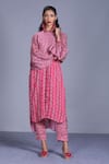 Punit Balana_Pink Silk Satin Round Floral Print High Low Tunic And Pant Set _Online_at_Aza_Fashions