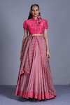 Buy_PUNIT BALANA_Pink Silk Satin Mandarin Collar Floral Print Lehenga Set _Online_at_Aza_Fashions