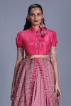 Shop_PUNIT BALANA_Pink Silk Satin Mandarin Collar Floral Print Lehenga Set _Online_at_Aza_Fashions