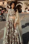 PUNIT BALANA_Green Silk Chanderi Crop Top Sweetheart Neck Jacket And Lehenga Set _Online_at_Aza_Fashions