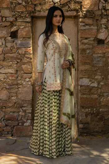 Buy_Punit Balana_Green Silk Chanderi Round Tunic Gharara Set _at_Aza_Fashions