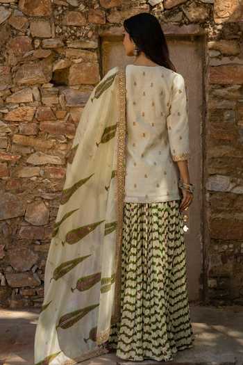 Shop_Punit Balana_Green Silk Chanderi Round Tunic Gharara Set _at_Aza_Fashions