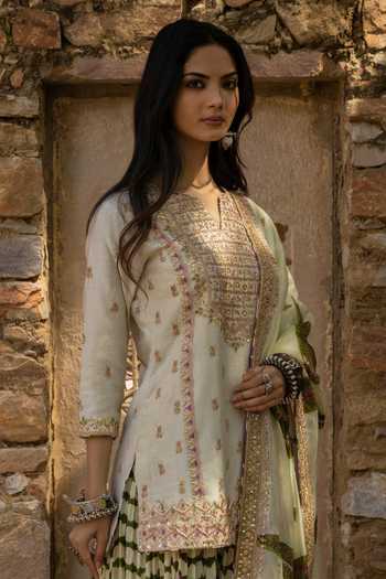 Punit Balana_Green Silk Chanderi Round Tunic Gharara Set _Online_at_Aza_Fashions