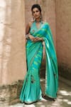 Buy_Punit Balana_Blue Satin Silk Halter Leheriya Saree With Blouse _at_Aza_Fashions