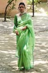 Shop_PUNIT BALANA_Green Saree Organza Printed Leaf Neck Embroidered With Blouse_Online_at_Aza_Fashions