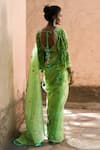 Shop_PUNIT BALANA_Green Saree Organza Printed Leaf Neck Embroidered With Blouse_at_Aza_Fashions