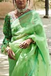 PUNIT BALANA_Green Saree Organza Printed Leaf Neck Embroidered With Blouse_Online_at_Aza_Fashions