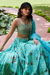 Punit Balana_Blue Organza, Chanderi Silk Scoop Neck Lehenga Set _Online_at_Aza_Fashions