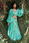 Buy_Punit Balana_Blue Satin Silk V Neck Printed Skirt And Embroidered Top Set _at_Aza_Fashions