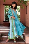 Buy_Punit Balana_Blue Chanderi Silk V Neck Angarkha Set _at_Aza_Fashions