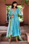 Shop_Punit Balana_Blue Chanderi Silk V Neck Angarkha Set _at_Aza_Fashions