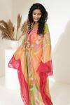 Buy_Capisvirleo_Orange Georgette Floral Print And Thread V Neck Litchi Sparkler Kaftan _Online_at_Aza_Fashions