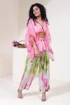 Capisvirleo_Pink Habutai Silk Thread V Neck Kiwi Punch Top And Pant Set _Online_at_Aza_Fashions