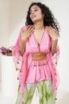 Buy_Capisvirleo_Pink Habutai Silk Thread V Neck Kiwi Punch Top And Pant Set _Online_at_Aza_Fashions