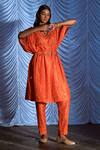 Buy_Pink City by Sarika_Orange Silk Bandhani V Neck Print Kaftan And Pant Set _at_Aza_Fashions