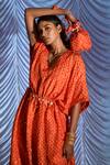 Shop_Pink City by Sarika_Orange Silk Bandhani V Neck Print Kaftan And Pant Set _at_Aza_Fashions