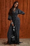 Buy_Pink City by Sarika_Black Silk Embroidery V Neck Bandhani Print Kaftan _Online_at_Aza_Fashions
