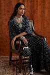 Shop_Pink City by Sarika_Black Silk Embroidery V Neck Bandhani Print Kaftan _Online_at_Aza_Fashions