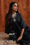 Shop_Pink City by Sarika_Black Silk Embroidery V Neck Bandhani Print Kaftan _at_Aza_Fashions