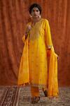 Shop_Pink City By Sarika_Yellow Silk, Chanderi Round Embroidered Kurta Set _at_Aza_Fashions