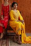 Pink City By Sarika_Yellow Silk, Chanderi Round Embroidered Kurta Set _Online_at_Aza_Fashions