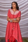 Shop_Pink City by Sarika_Red Silk Printed Bandhani Round Cape And Skirt Set _at_Aza_Fashions