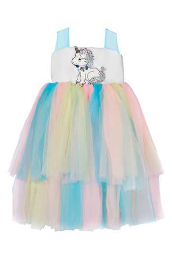 Buy_Pinkcow Designs Pvt Ltd_Multi Color Net, Crepe Sequins Unicorn Embellished Layered Dress _at_Aza_Fashions