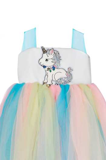 Pinkcow Designs Pvt Ltd_Multi Color Net, Crepe Sequins Unicorn Embellished Layered Dress _Online_at_Aza_Fashions