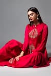 Pink City by Sarika_Red Linen Satin Hand Embroidered Tunic _Online_at_Aza_Fashions