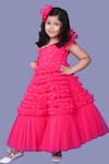 Shop_Pinkcow designs pvt ltd_Pink Net, Cotton, Crepe Pearls One Shoulder Frill Gown _at_Aza_Fashions