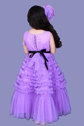 Shop_Pinkcow Designs Pvt Ltd_Purple Net, Crepe Pearls Rapunzel Frill Gown _at_Aza_Fashions