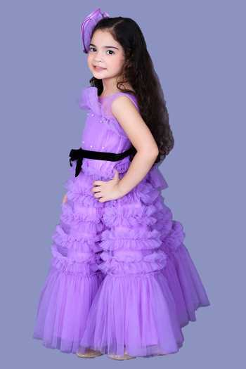 Pinkcow Designs Pvt Ltd_Purple Net, Crepe Pearls Rapunzel Frill Gown _Online_at_Aza_Fashions