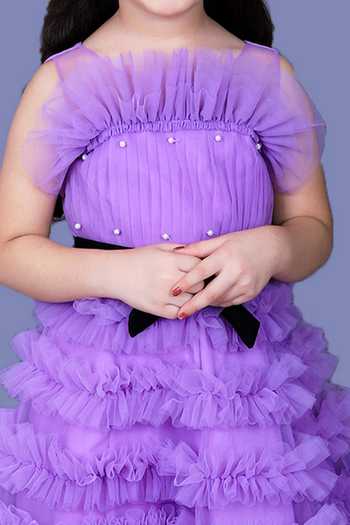 Buy_Pinkcow Designs Pvt Ltd_Purple Net, Crepe Pearls Rapunzel Frill Gown _Online_at_Aza_Fashions