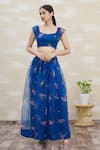 Buy_Samyukta Singhania_Blue Organza Embroidery Square Neck Printed Crop Top And Skirt Set _at_Aza_Fashions