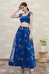 Samyukta Singhania_Blue Organza Embroidery Square Neck Printed Crop Top And Skirt Set _Online_at_Aza_Fashions