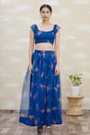 Buy_Samyukta Singhania_Blue Organza Embroidery Square Neck Printed Crop Top And Skirt Set _Online_at_Aza_Fashions