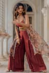 Nikita Vishakha_Brown Georgette Printed And Embroidered Persian Pattern Cape Band Collar Pant Set _Online_at_Aza_Fashions