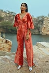 Buy_EASE_Orange Velvet Chitta Buttis V Neck Bell Sleeve Jumpsuit _at_Aza_Fashions