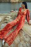 Buy_EASE_Orange Velvet Chitta Buttis V Neck Bell Sleeve Jumpsuit _Online_at_Aza_Fashions