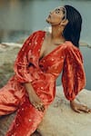Shop_EASE_Orange Velvet Chitta Buttis V Neck Bell Sleeve Jumpsuit _Online_at_Aza_Fashions