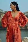 EASE_Orange Velvet Chitta Buttis V Neck Bell Sleeve Jumpsuit _at_Aza_Fashions