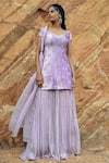Buy_EASE_Purple Velvet, Crepe, Viscose Organza Nakshi V Embroidered Kurta Sharara Set _at_Aza_Fashions