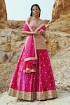 Buy_Ease_Pink Velvet Embroidered Floral Motifs V Neck Kurta Lehenga Set _at_Aza_Fashions