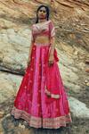 Buy_Ease_Pink Velvet Embroidered Floral Motifs V Neck Bridal Lehenga Set _at_Aza_Fashions