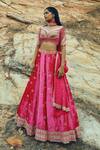 Shop_Ease_Pink Velvet Embroidered Floral Motifs V Neck Bridal Lehenga Set _at_Aza_Fashions